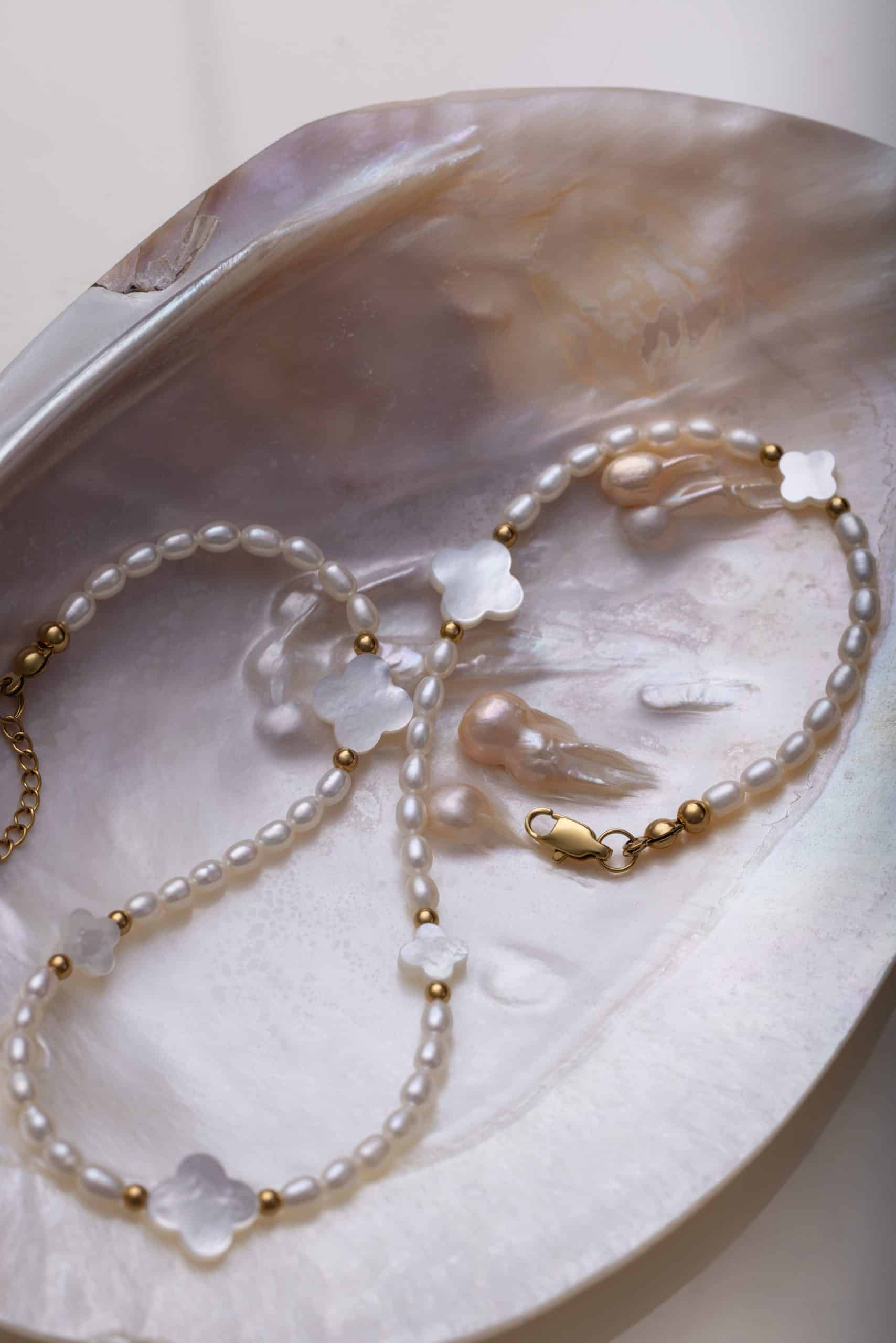 Pearl Necklace with Clover Charms