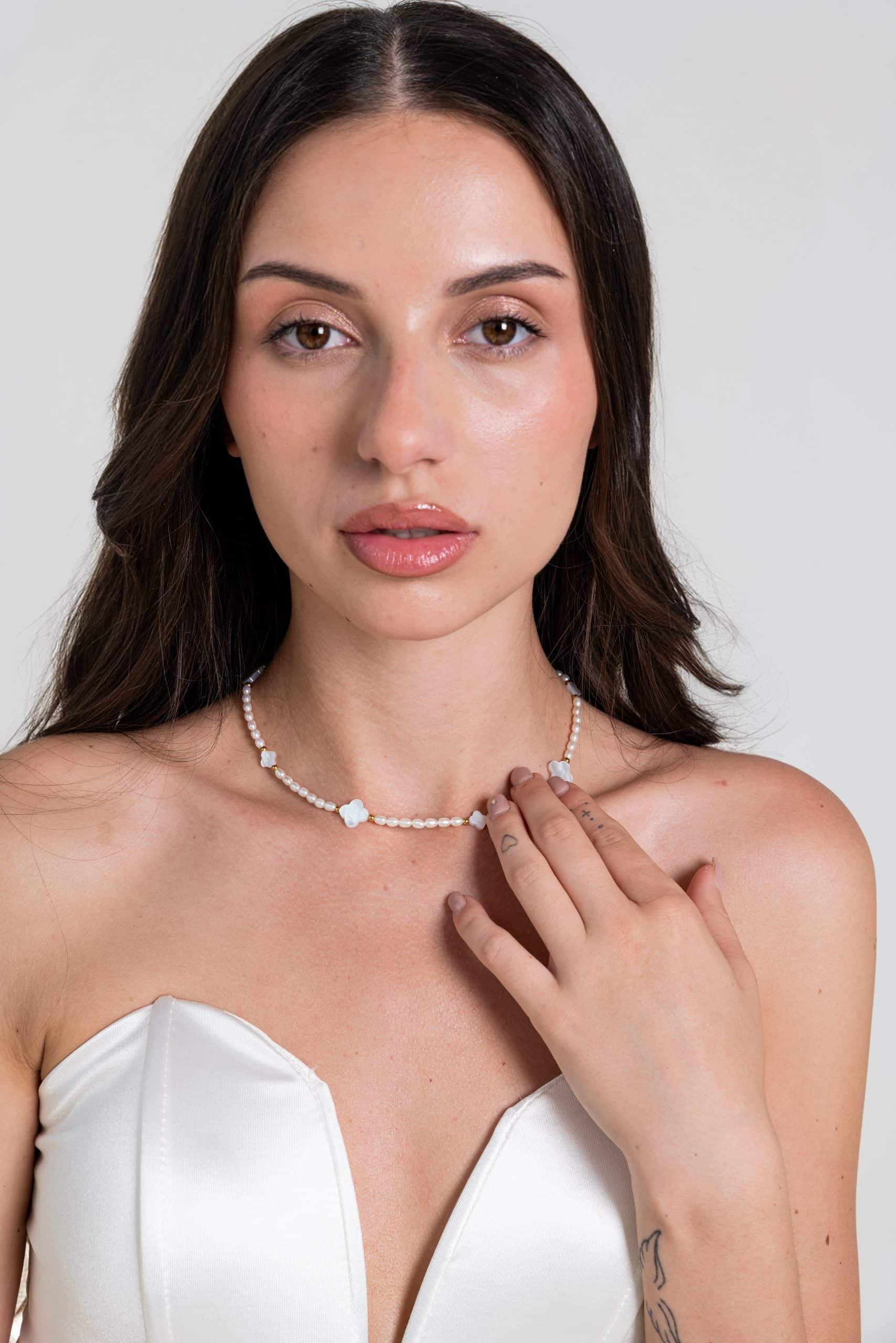Pearl Necklace with Clover Charms